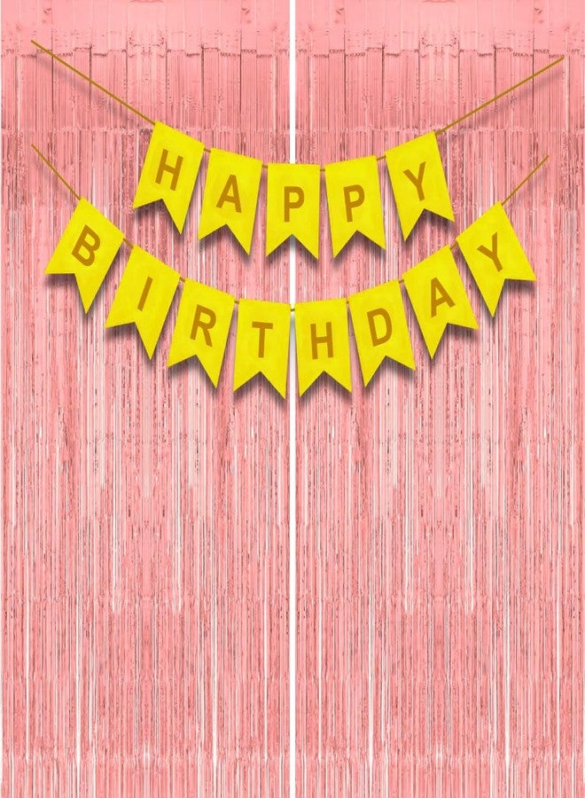 Flyloons Happy Birthday Banner With Foil Curtain Yellow for Boys Girls Kids Men Women Decorations Decor Celebration Kit Items Set Combo Without Balloons - Image 1